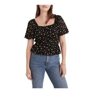 Madewell Zira Puff Sleeve Blouse | Ditsy Floral Print | True Black | Square Neck